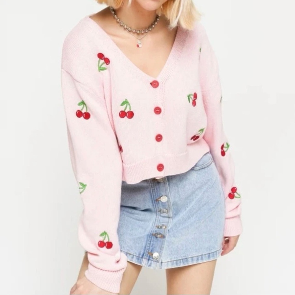 Minga London Cherry Embroidered Pink Crop Cardigan 100% Cotton Coquette M